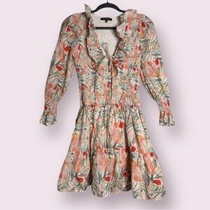 FORE Floral Ruffle White Orange Smocked Long Sleeve Dress Medium